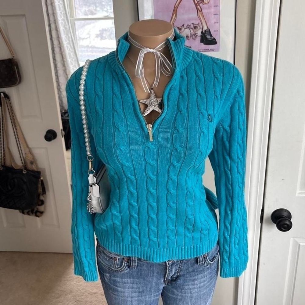Y2K 2000s Turquoise chaps Cable Knit Quarter Zip sweater